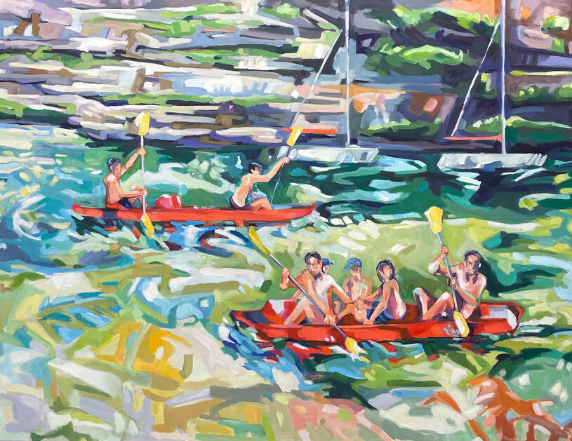 Canoës rouges huile sur toile 89x116cm